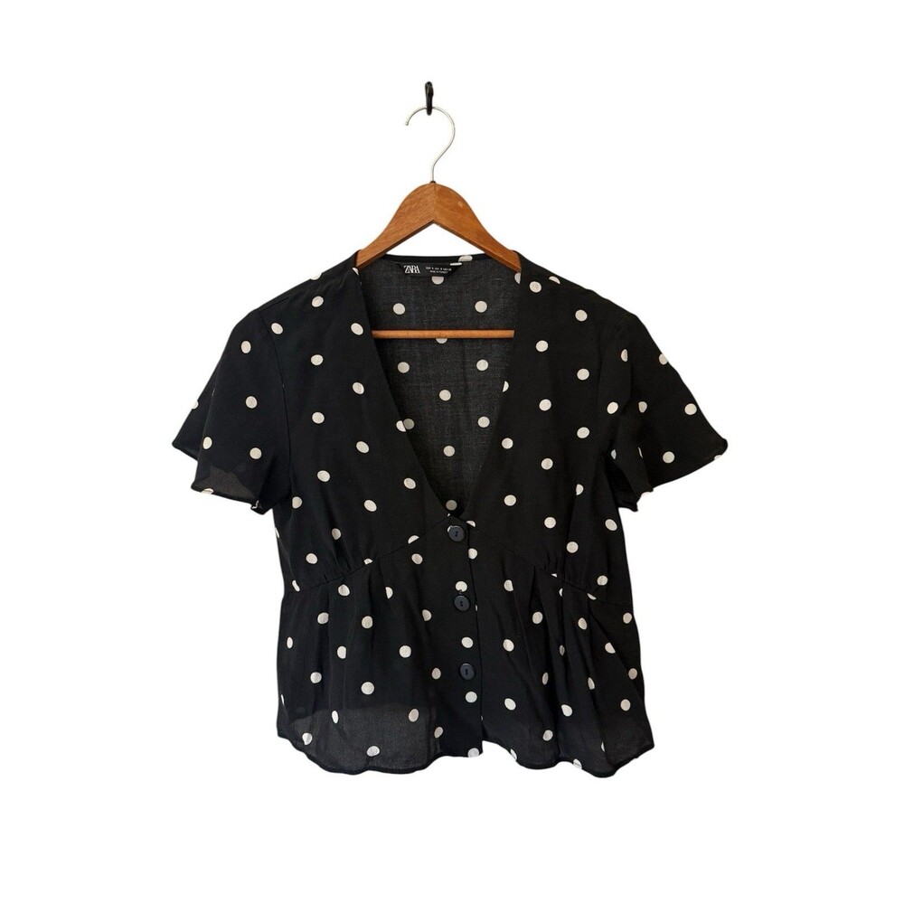 ZARA Black and White Polka Dot Button Front V-Neck‎ Short Sleeve Blouse SZ Small